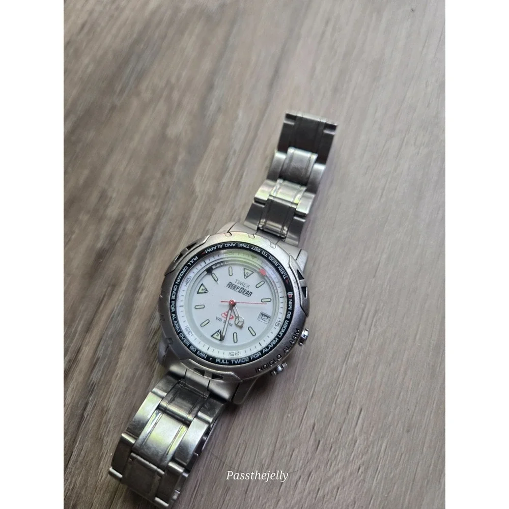 Timex Watch Mens 40mm Reef Gear Alarm Silver Tone Date Diver Style Y2K Field
